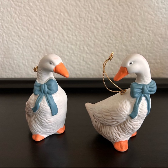 Other - 2 Vintage Goose Big Blue Bow Porcelain Christmas Ornament Decoration Gold Loop